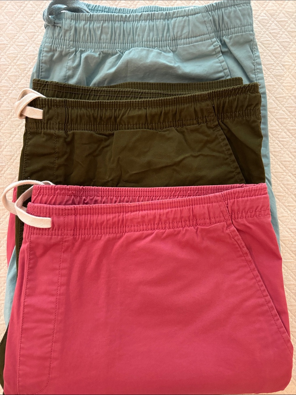 Three Pair Men’s Drawstring Shorts- Light Blue, Nantucket Red, Olive